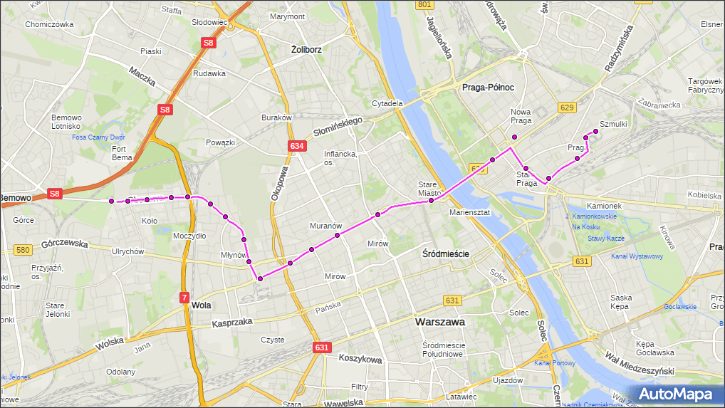 Na Rysunku Przedstawiono Trasę Autobusu Z Warszawy Do Krynicy Zdrój Tramwaj 13 - trasa KOŁO - KAWĘCZYŃSKA-BAZYLIKA. ZTM Warszawa na mapie